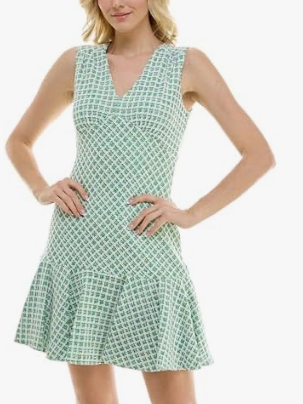 Taylor Mint Geometric V-Neck Fit & Flare Dress